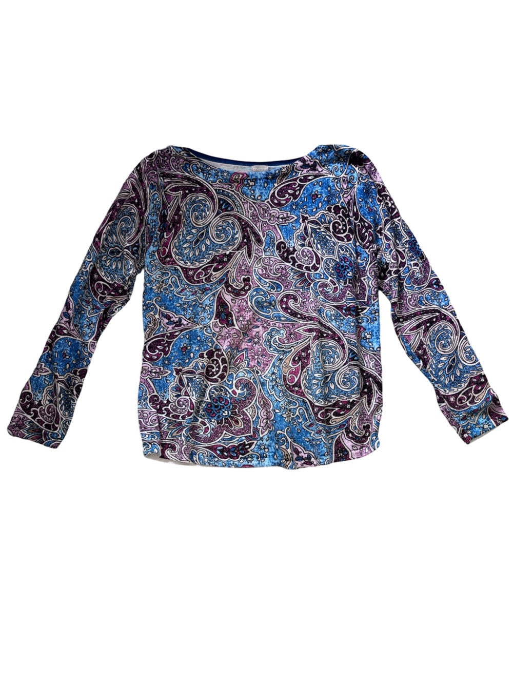 Chico’s Paisley Knit Pullover Top Size 2/L Blue Purple Dolman Sleeve